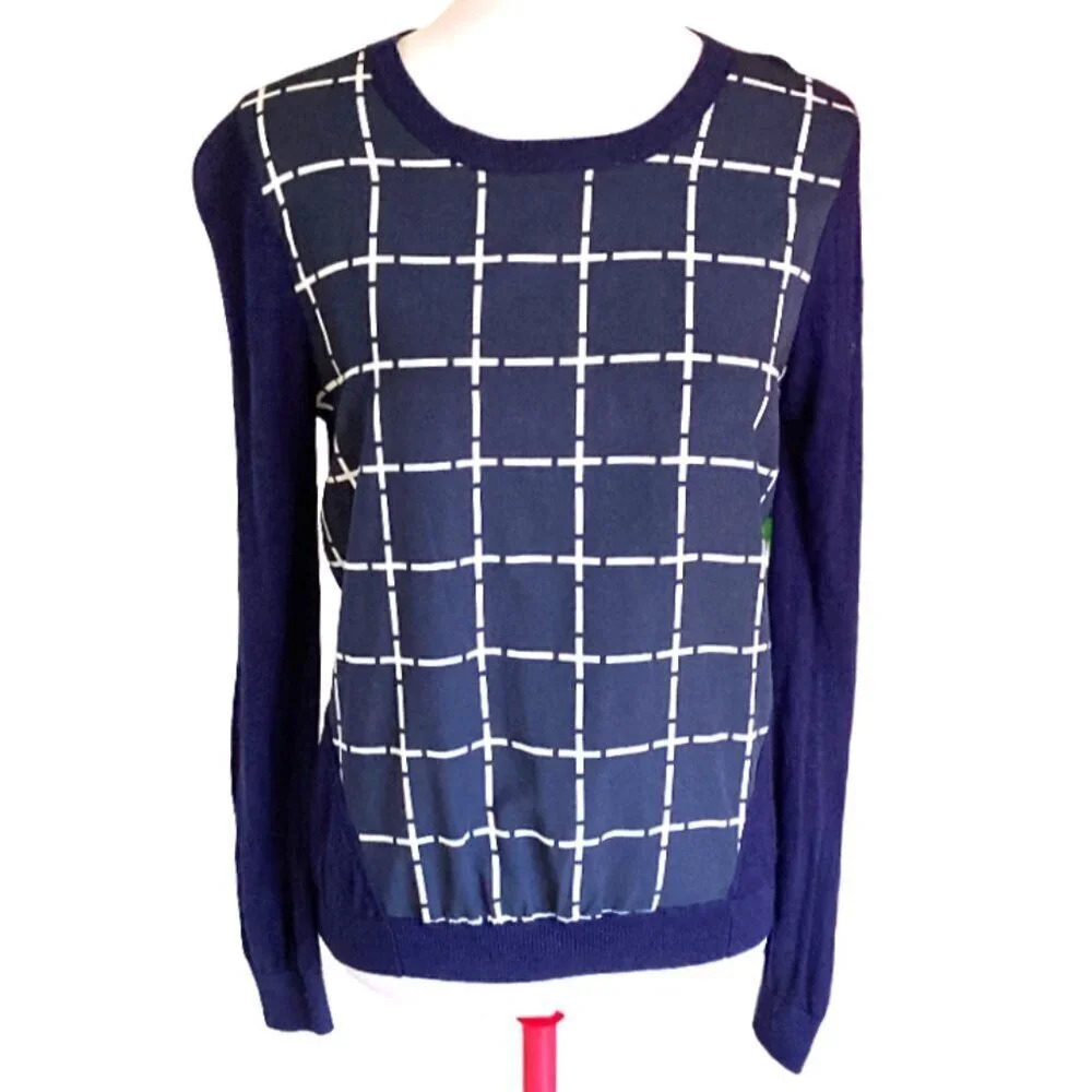 Skies are Blue Women's Pullover Top, Size Small, Blue & White Geometric Knit‎